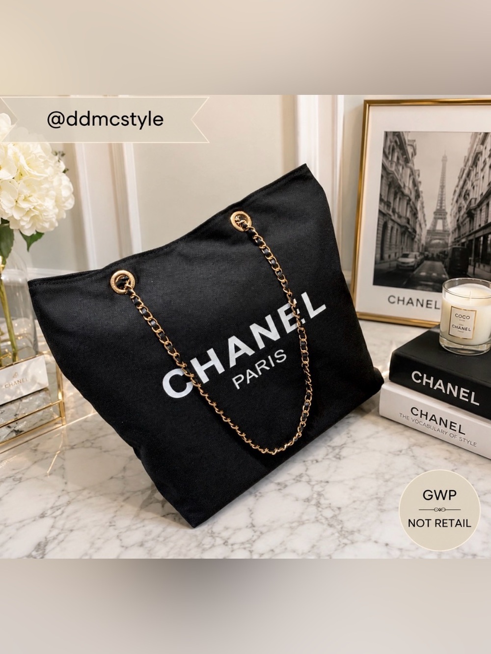 CHANEL NIP GWP Paris Parfum Black Canvas Tote with Gold Chain Detail - Picture 4 of 16